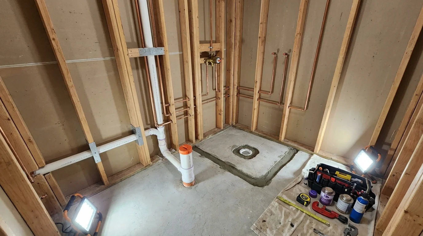 Bathroom rough-in plumbing during remodel by Johns Plumbing LLC in Hayti