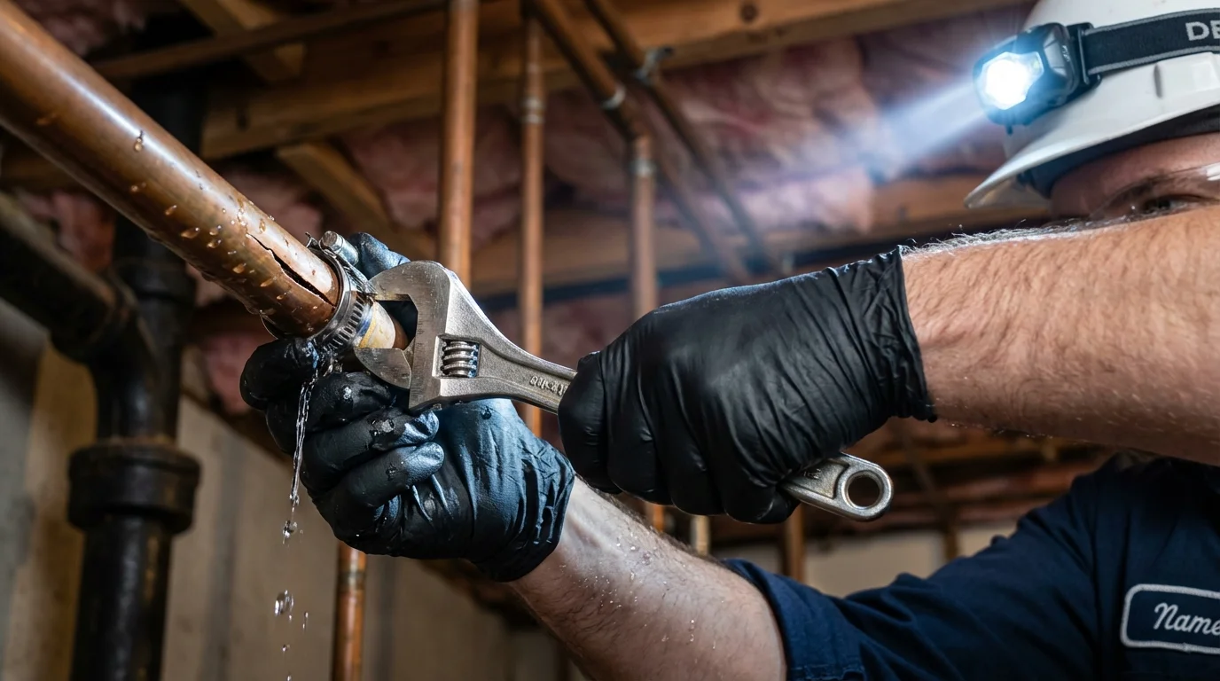 Emergency pipe clamp repair being performed by a Johns Plumbing LLC plumber in Hayti