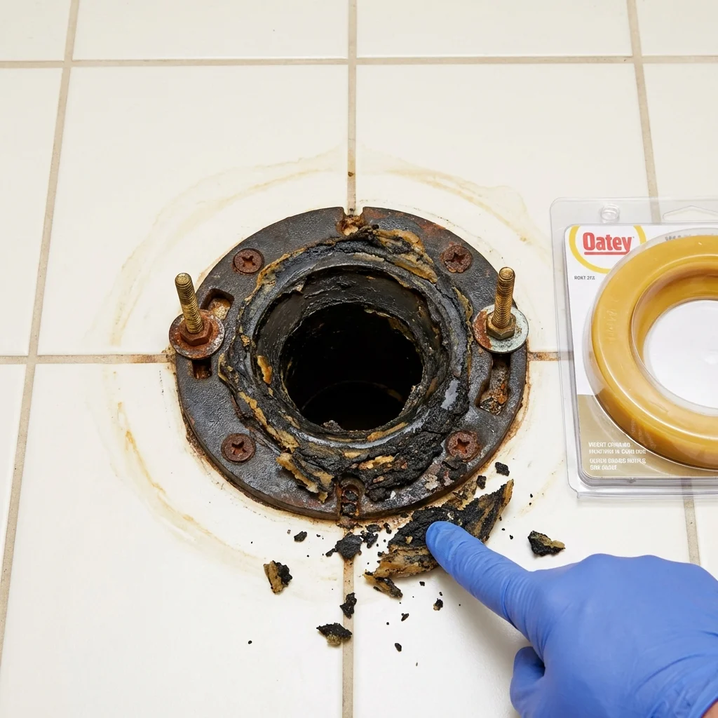 Failed wax ring showing water seepage at the base of a toilet in a Hayti, SD home