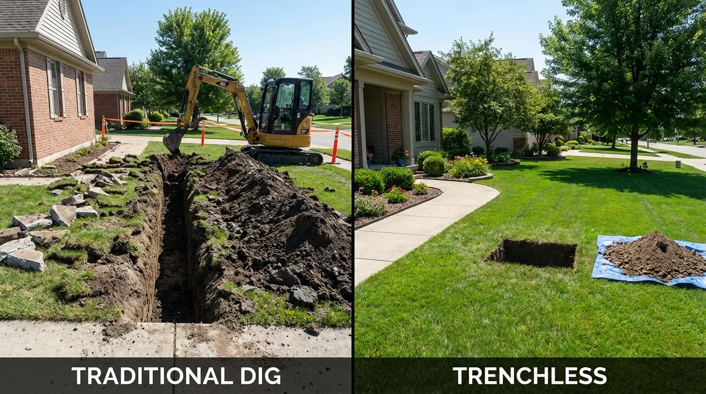 Trenchless sewer repair with minimal yard damage versus traditional excavation in Hayti, SD